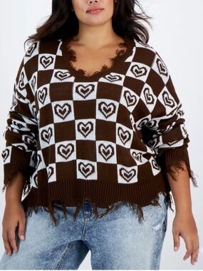 Just Polly New York Sweater Brown Knit Hearts Destructed V-neck